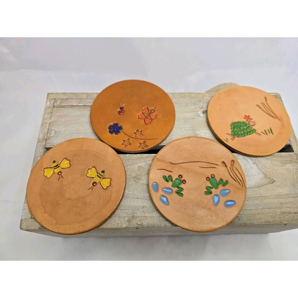 Vintage Tooled Leather Coasters Set of 4 Hand Painted Bee Frog Butterfly Bird
